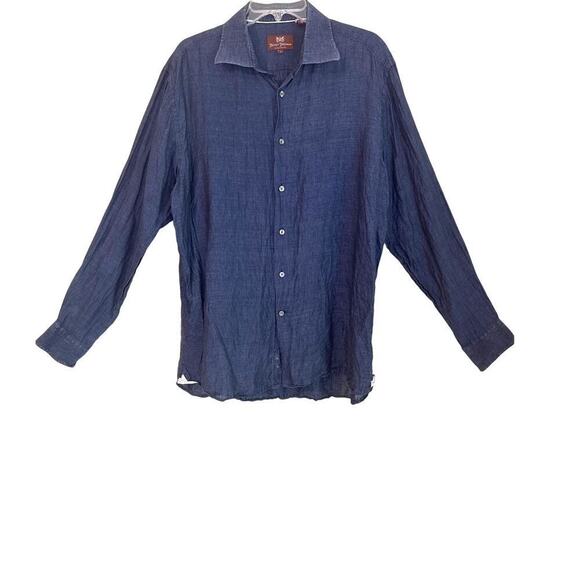 Hickey Freeman Other - Hickey Freeman Men's Long Sleeve Dark Blue 100% Linen Button Up Shirt Size Large
